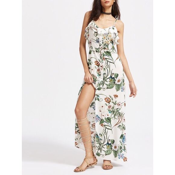 ✨HP✨White Botanical Print Front Ruffle Cami Dress✨ - Picture 1 of 7